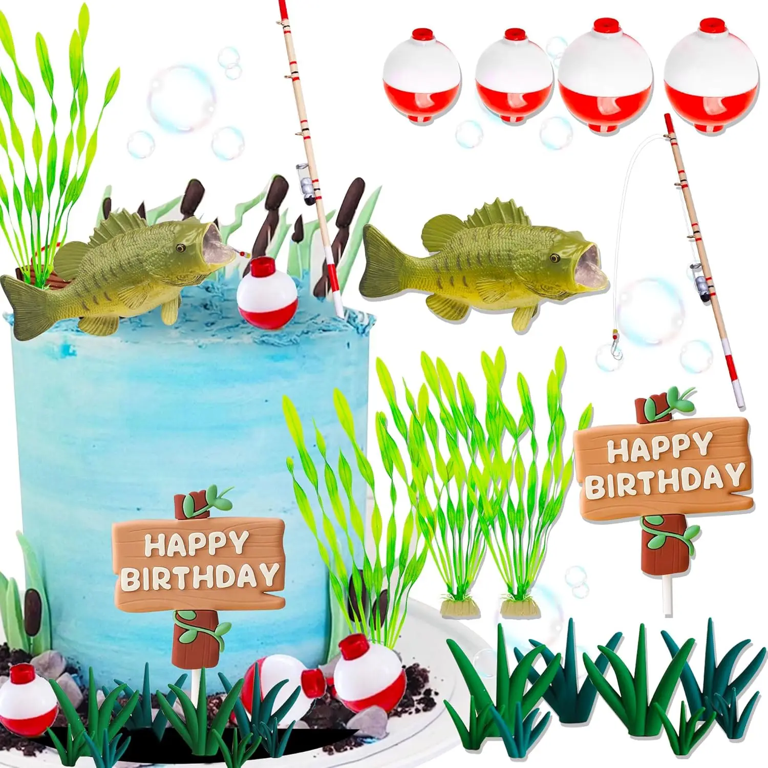 Adorno para tarta de pesca, adorno para tarta de pesca, decoraciones para fiesta de cumpleaños para Baby Shower, suministros para fiesta de cumpleaños