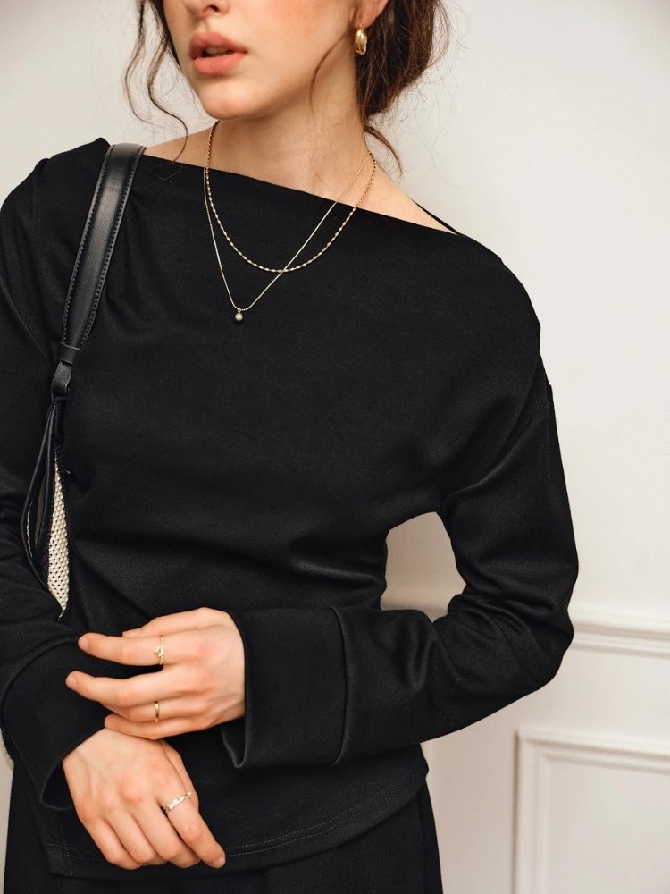 OLrain Women's Women's Black Skirt Set Square Neck Elastic Waist Knit Two-Piece Set 2025 Autumn New Matching Sets O57QE001320