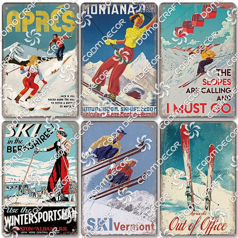 Skiing Poster Metal Tin Signs Ski Slope Sled Winter Skiing Sports Metal Plate Vintage Wall Decor Shop Ski Club living Room Home