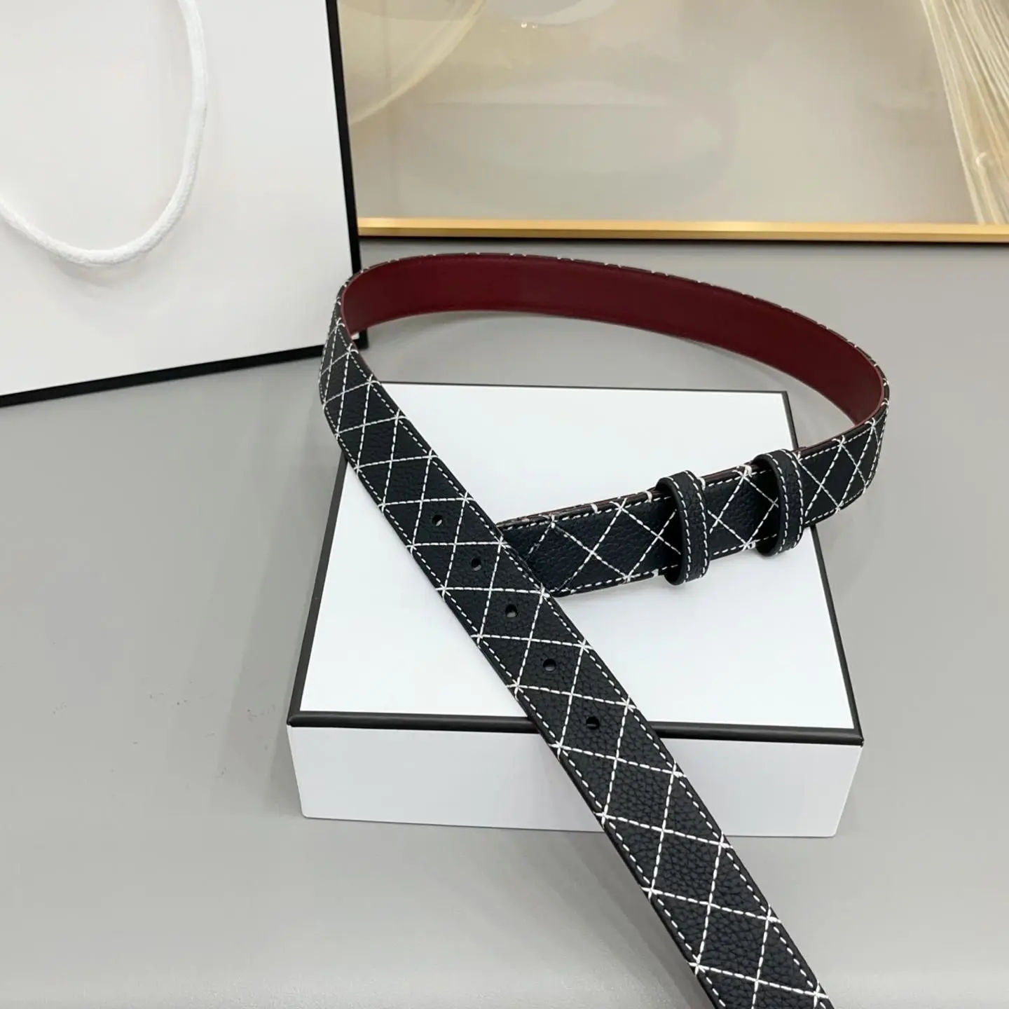 Unisex Reversible Leather Belt Strap Without Buckle, Black Diamond Stitch Outer & Wine Red Inner, Cowhide Waist Belt Replacement Band