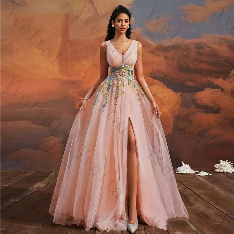 Customized Sleeveless Deep V‑Neck A‑Line Tulle Evening Gown Colorful Floral Embroidery High Slit Formal Dress for Garden Wedding