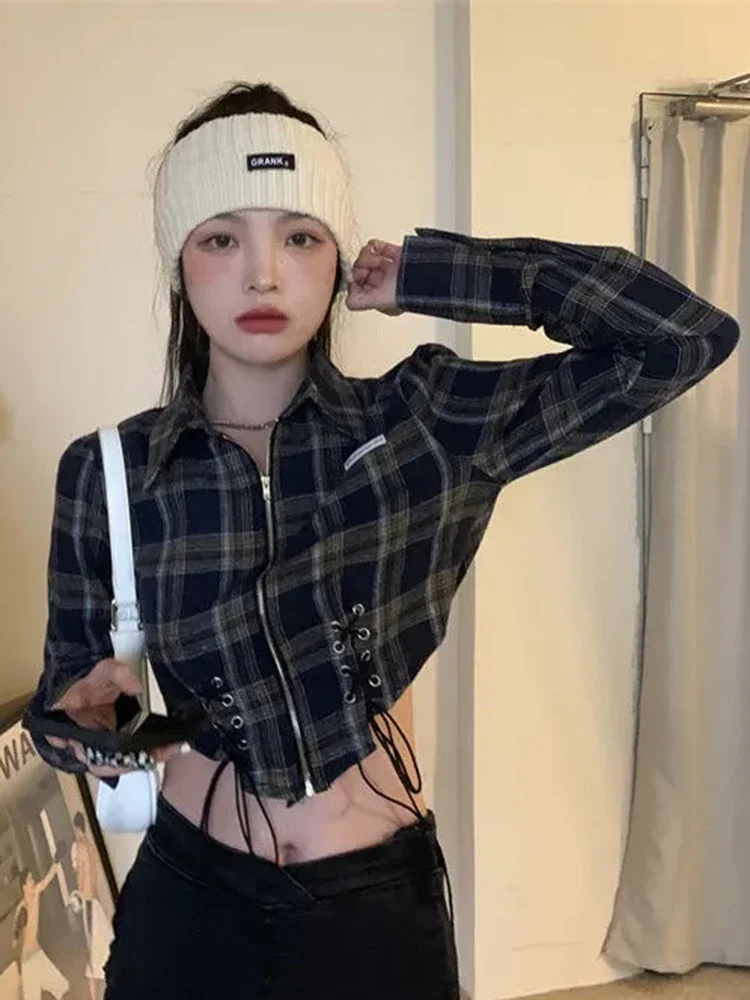 

Slim Cropped Plaid Shirts Women Streetwear Long Sleeve Y2K Blouse Vintage Harajuku Casual Female Sexy Zipped Spring Tops
