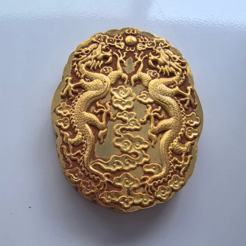antique-crafts-collection-copper-gilt-double-dragon-token-vintage-imperial-edict-craft-ornament