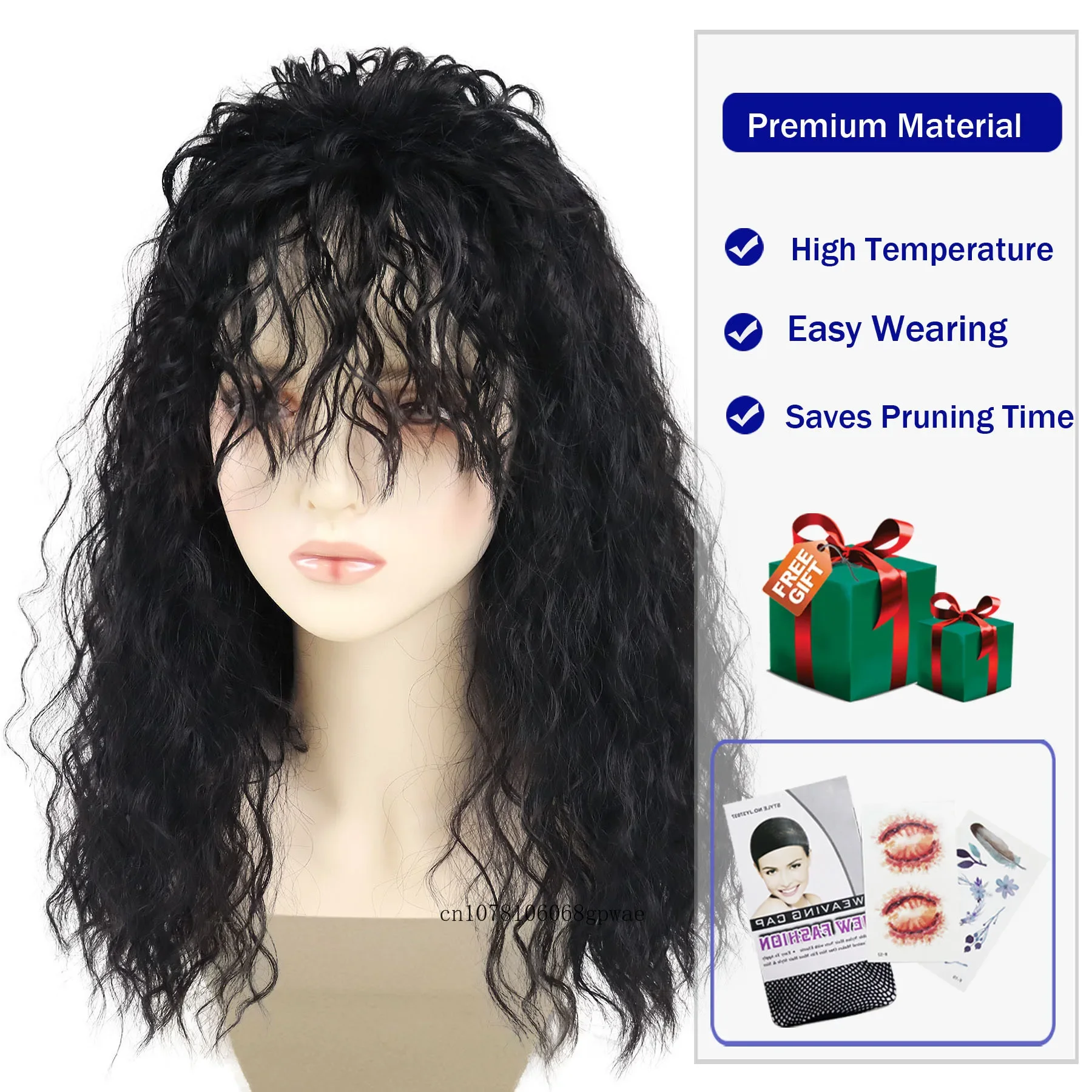 شعر مستعار اصطناعي رقيق مجعد مع الانفجارات للنساء 21 بوصة طويلة أسود متموج الباروكات الاستخدام اليومي حفلة تأثيري ارتفاع درجة الحرارة الألياف #5