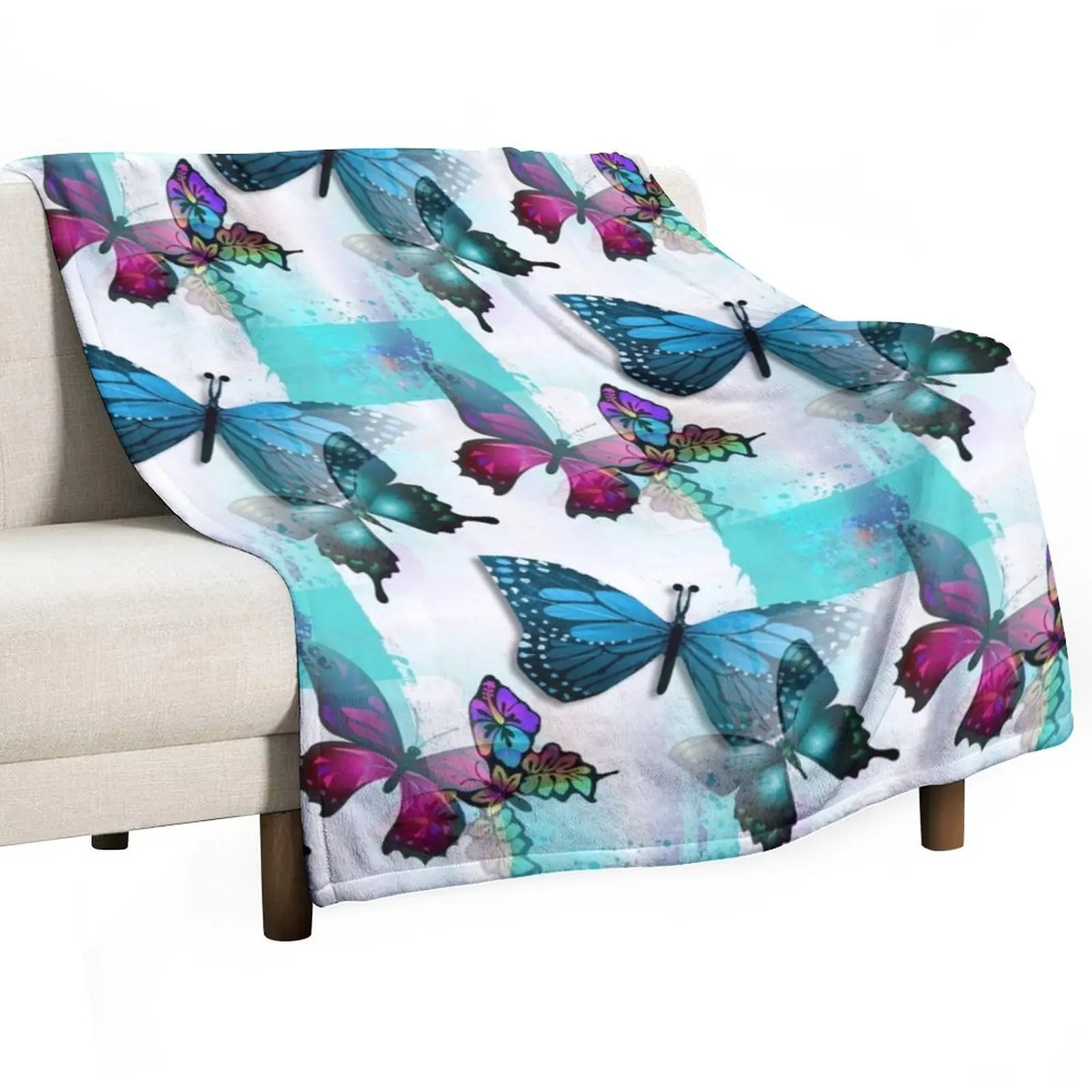 Realm of Morpho Blue and Pink Butterflies Throw Blanket For Decorative Sofa Furrys Heavy Nap Blankets