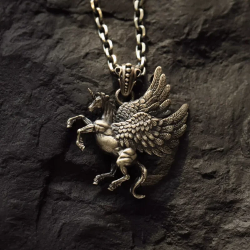 NEW S925 Sterling Silver Retro Personality Three-dimensional Double-sided Pegasus Pendant Men\'s and Women\'s Gift