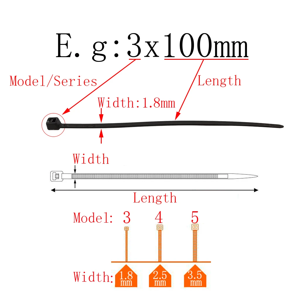 100Pcs/lot Self-Locking Plastic Nylon Cable Ties Black White Cable Zip Tie Binding Straps Fastening Ring Width 1.8mm 2.5mm 3.5mm