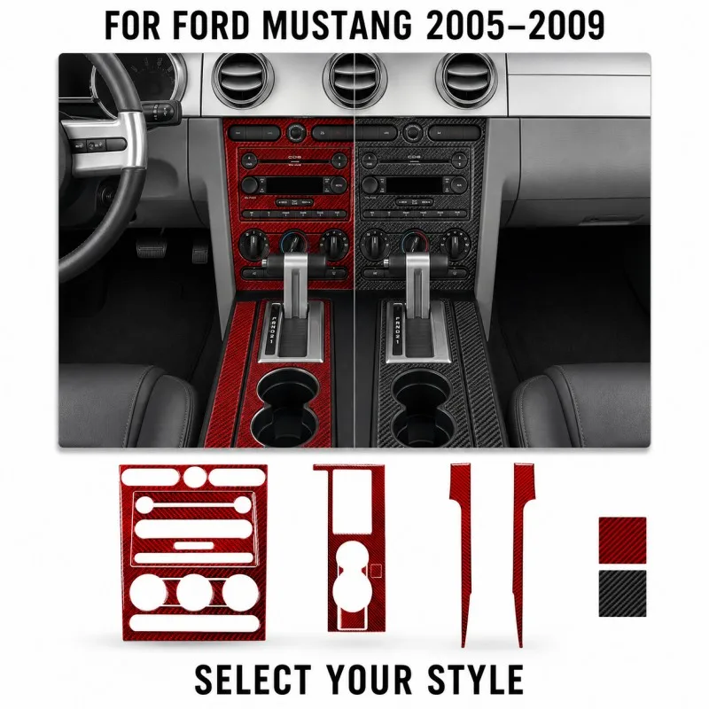 For Ford Mustang 2005 2006 2007 2008 2009 Red Black Carbon Fiber Interior Trim Decals Center Console Gear Shift Cup Holder Panel