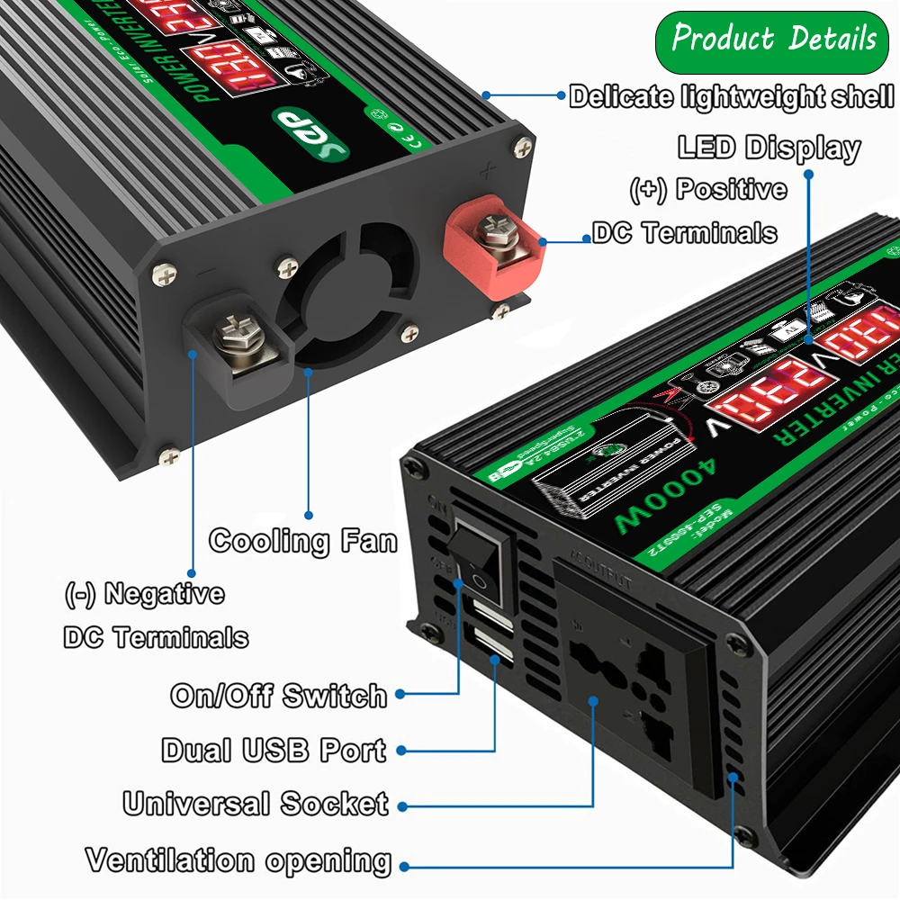 4000W Dual Digital LCD Display Solar Inverters DC 12V To AC 110V 220V Portable Power Bank Car Converter For Camping RV