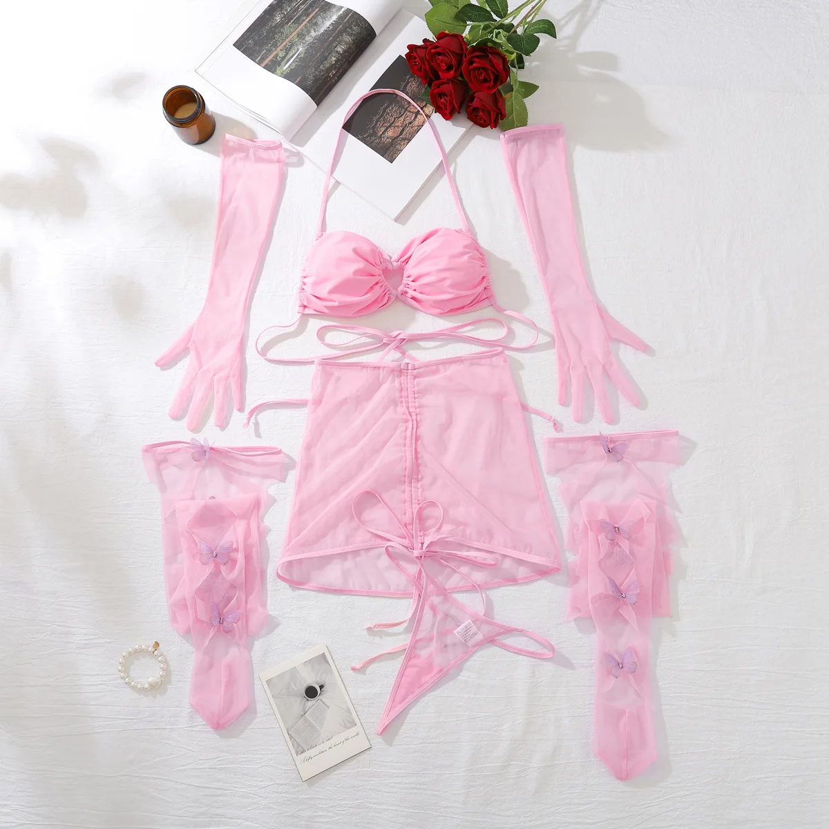 Sexy Hollow Mesh Seductive Suit Sexy Pink Elegant Halter Neck Underwear Five-piece Set
