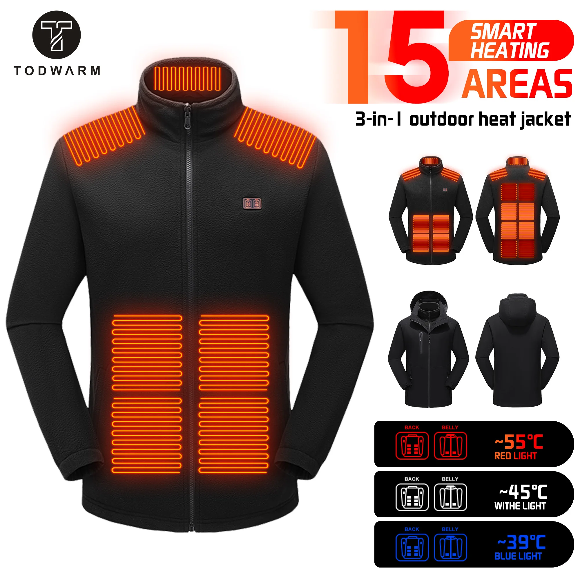 TODWARM Heated Jacket Winter Heating Motorcycle Jacket USB Electric Heating Jackets Hooded Camping Warm Heated Clothes Skiing