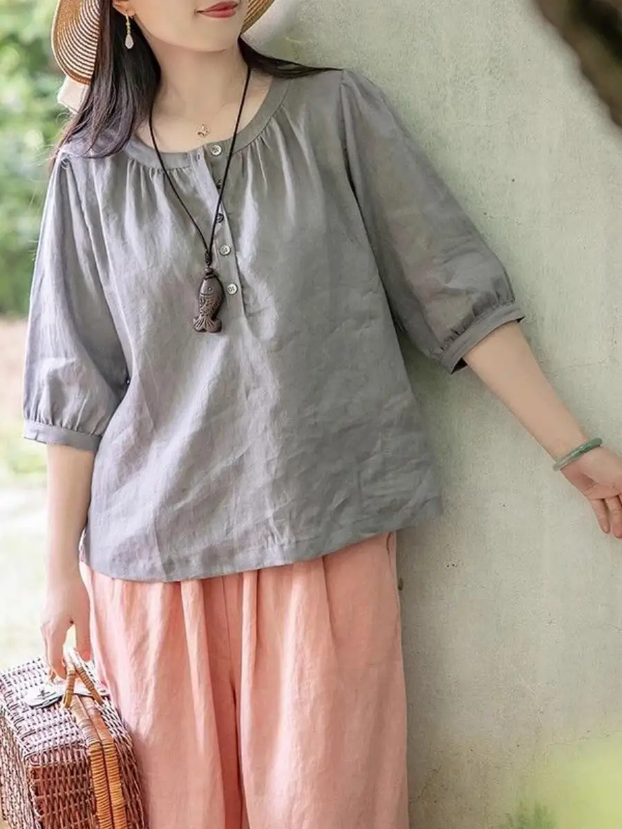 Retro Southeast Asian Artistic Large Size round Neck T-Shirt Cotton Linen Loose mid Sleeve New Chinese Style Casual Top