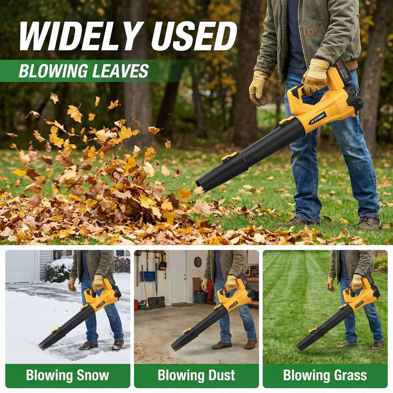 

JH Стабильная перезаряжаемая аккумуляторная воздуходувка для листьев 3500 Вт, 350 м/с, скорость ветра, бесступенчатая переменная скорость, с защитным устройством для двора, снега