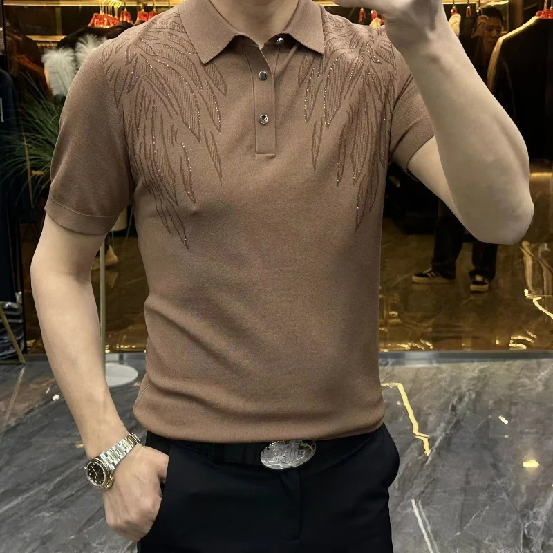 Summer Fashion Smart Casual Versatile Short Sleeved Print Polo Shirt Lapel Button Men's Trend Light Luxury Loose Hot Diamond Top