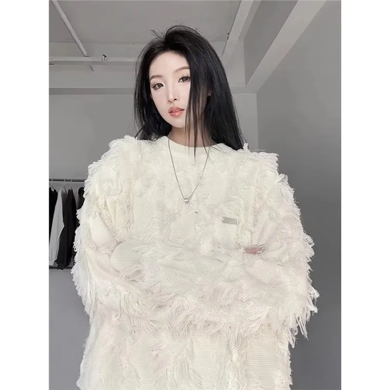 سترة متماسكة غير رسمية بلون نقي للرجال والنساء مقاس كبير 300 Pou للخريف والشتاء هونج كونج Sle ريترو شرابة محبوكة irt