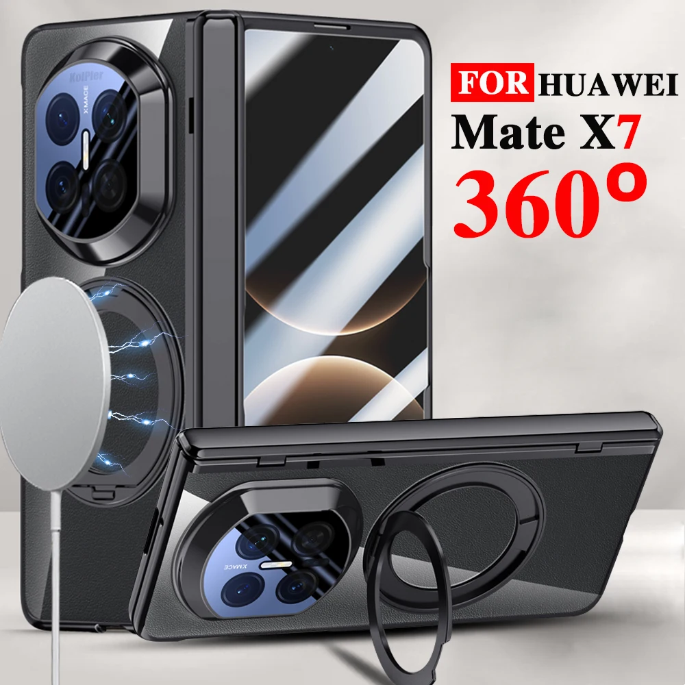 

Luxury Holder Clear Case For Huawei Mate X7 2026 Magnetic Glass film Protection Anti-fingerprint Hard Plating Stand Back Cover