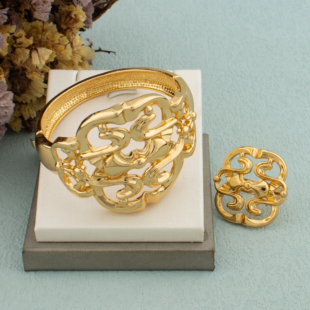 

African Gold Color Large Jewelry Set for Women Hollow Design Cuff Bangle Ring Dubai Bride Nigerian Wedding Clothing Accessories