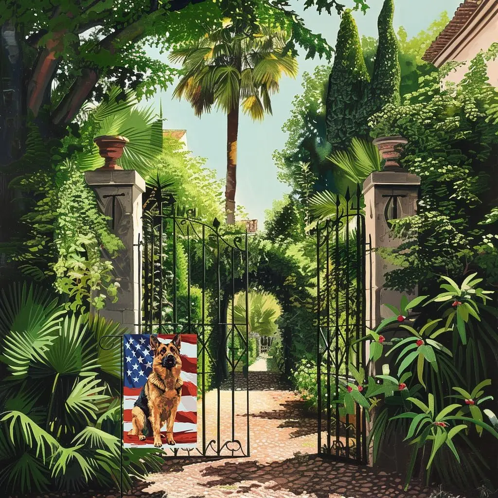 German Shepherd Garden Flag 12x18 Inch Double Sided Outside, Patriotic German Shepherd with American Flag Oil Painting Style llz