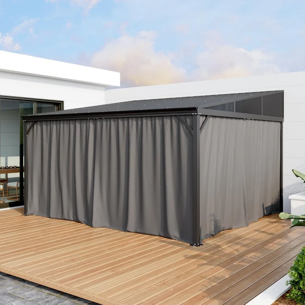 12x14 FT Wall Mounted Gazebo with Curtains & Netting, Hardtop Lean to Gazebo with Galvanized Iron Roof & Aluminum Frame