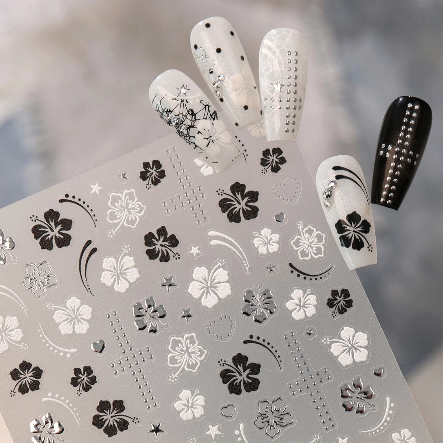 5D Blumen-Hibiskus Bogen Punkt Umriss Stern Kristall Herz Klassische Französische Spitze Nagelkunst-Aufkleber Schicke Blumen-Nagelsticker Maniküre