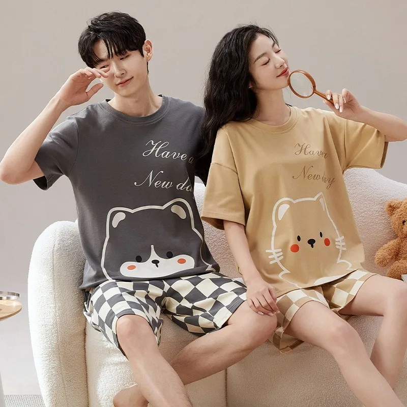 Couples Matching Home Clothes Cotton Nightwear Summer Thin Short Sleeping Tops Shorts Pajamas Set for Women Men Pyjamas Pjs