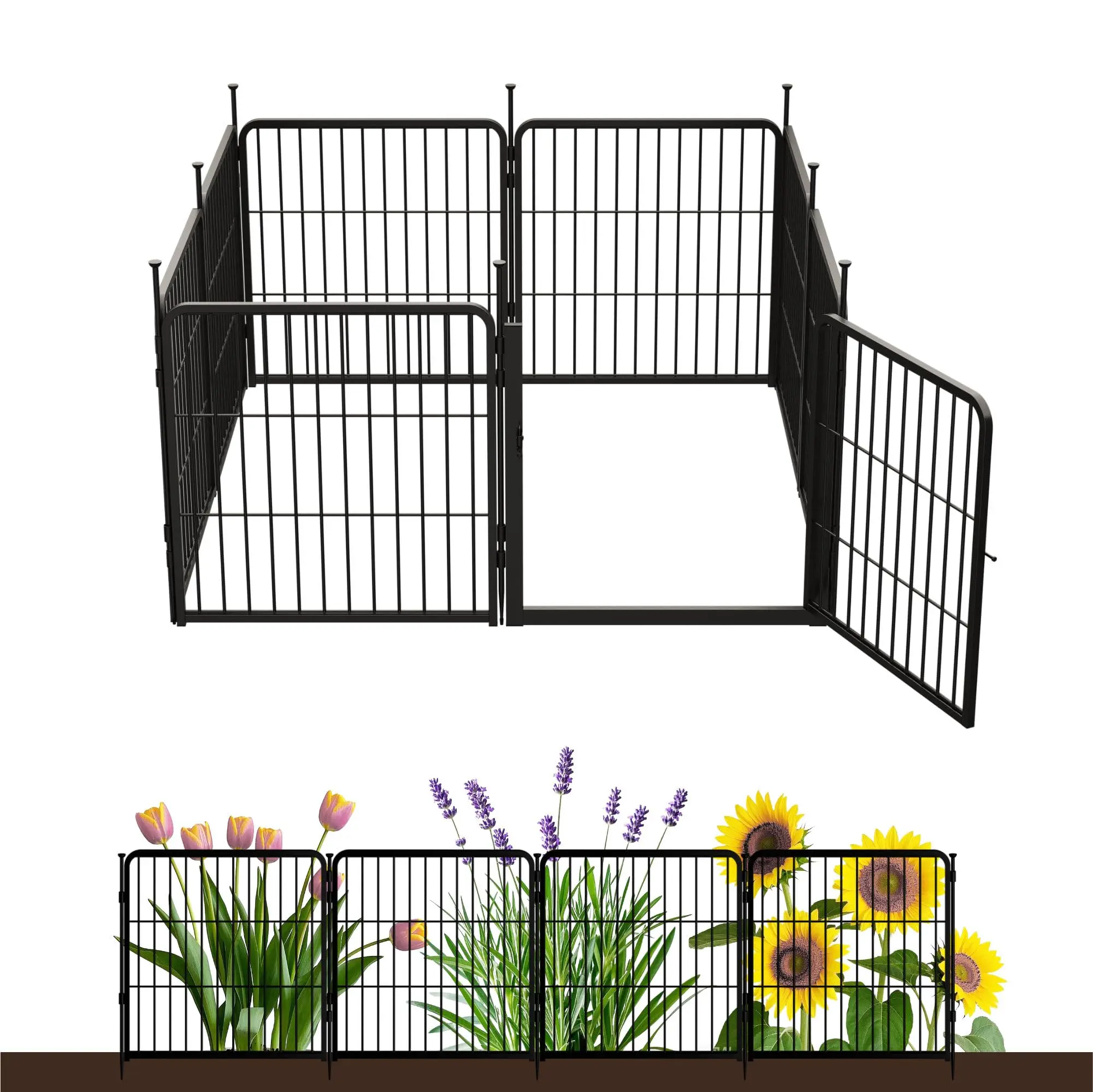 Garden Fence with Gate, 24 in(H) x 14.8 ft(L) 8 Panels Heavy Duty Metal Animal Barrier Fence for Yard, Suitable for