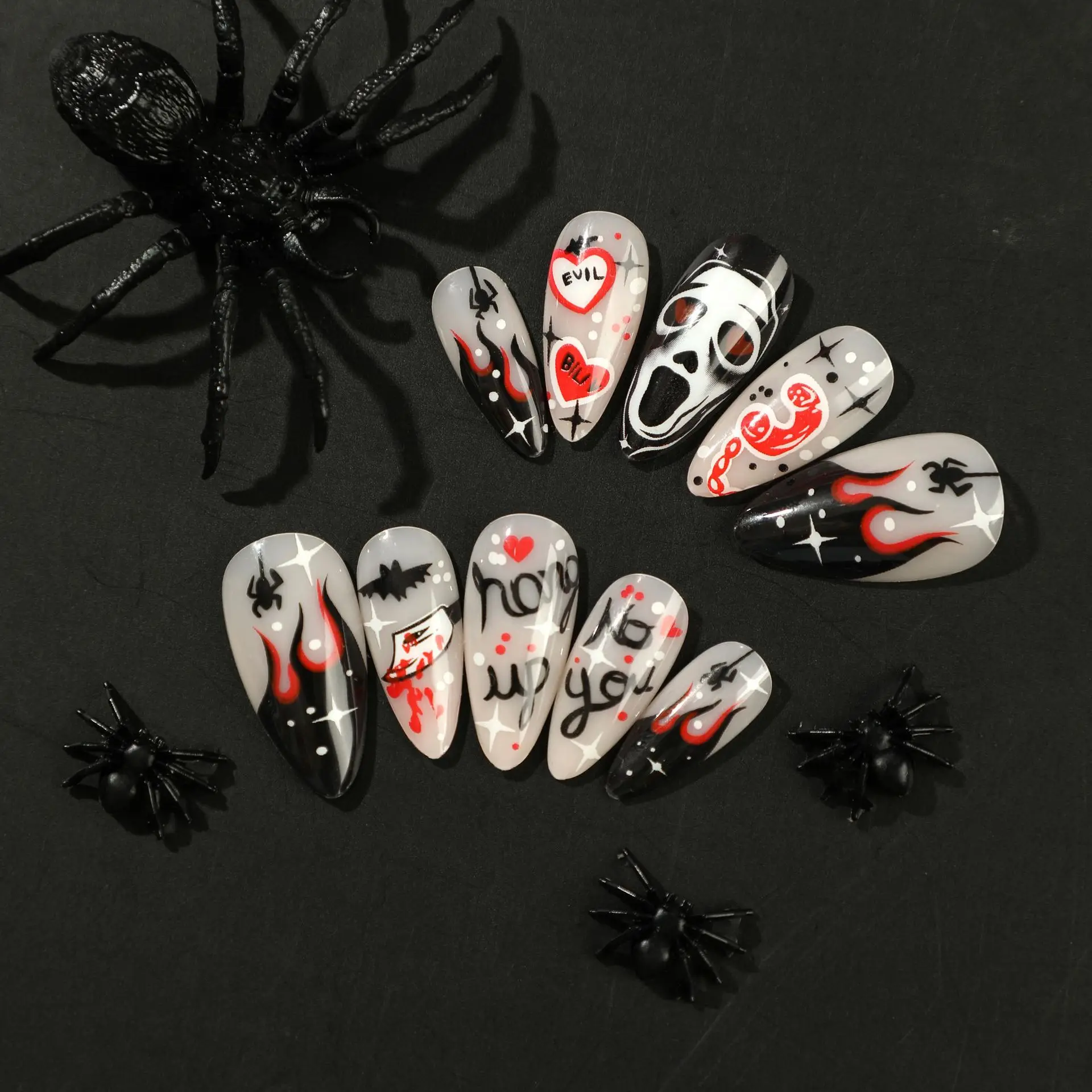 

24Pcs Halloween Medium Almond Press on Nails - Gothic French Tips with Black Flames, Blood Drops, Skull & Spider Charms