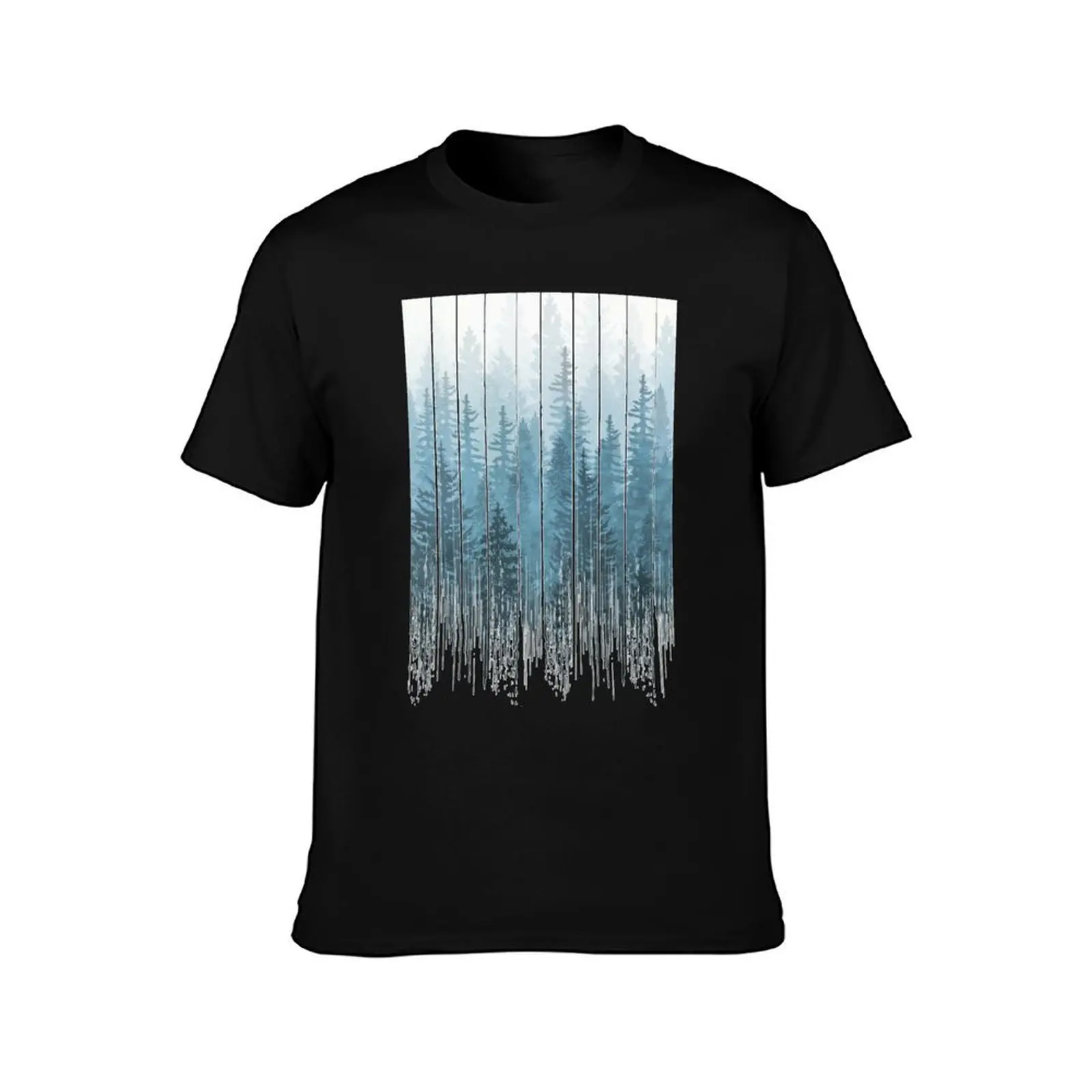 Grunge Dripping Turquoise Misty Forest T-Shirt Simple Line Art Print Tee