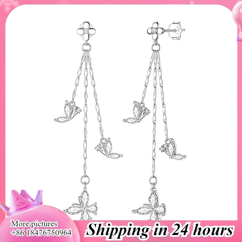 Pendientes de Plata de Ley 925 con Borla de Mariposa Brillante – Diseño de Gota para Mujer