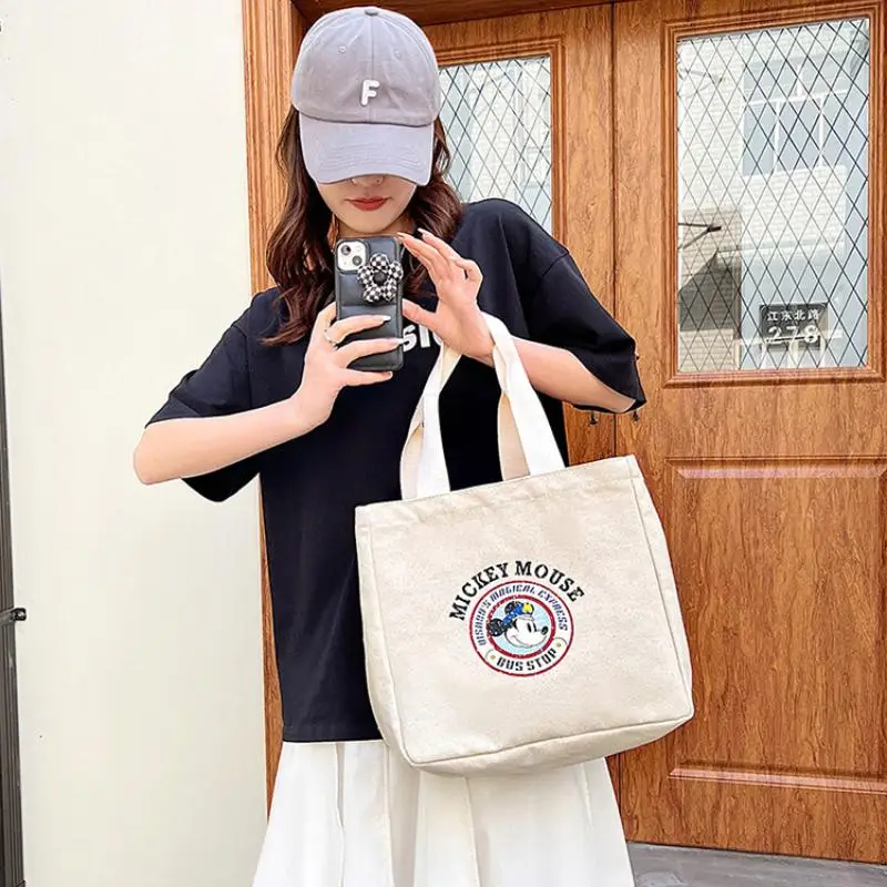 Disney Large Capacity Canva Bag Summer Casual Tote Bag Women One Shoulder Bag Portable Shopping Bag Girl Cartoon Mickey Tote