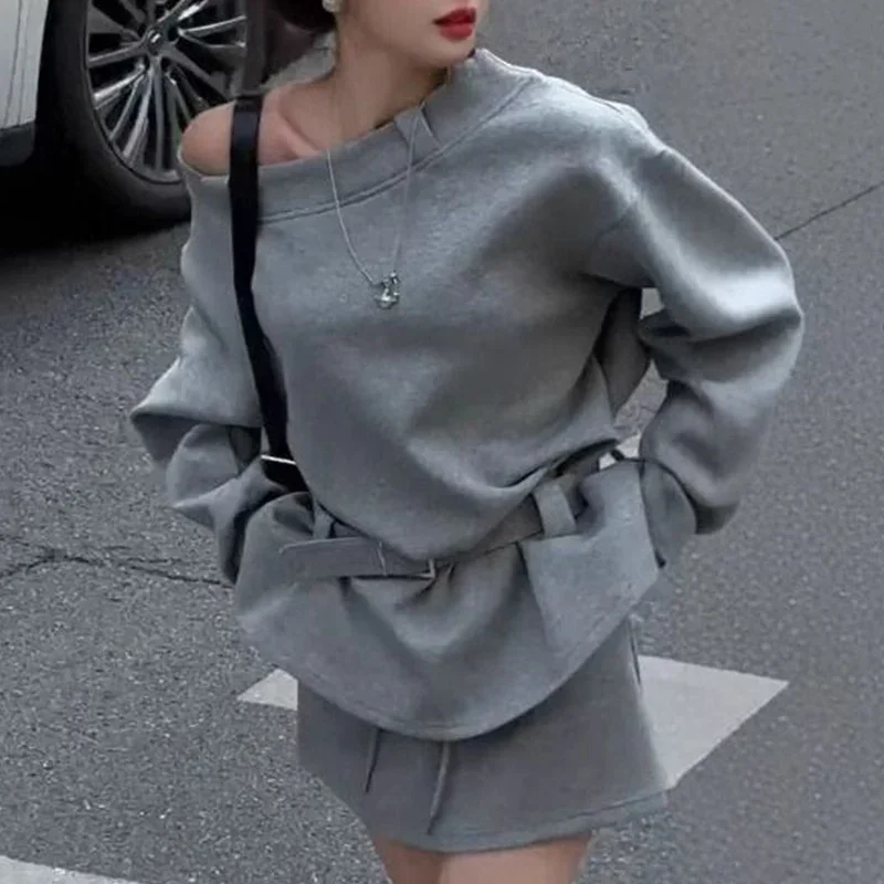 Autumn Fashion Patchwork Solid Color Skew Collar Long Sleeve Sweatshirts Two-piece Suit Femme Loose Fashionable A-line Skirt