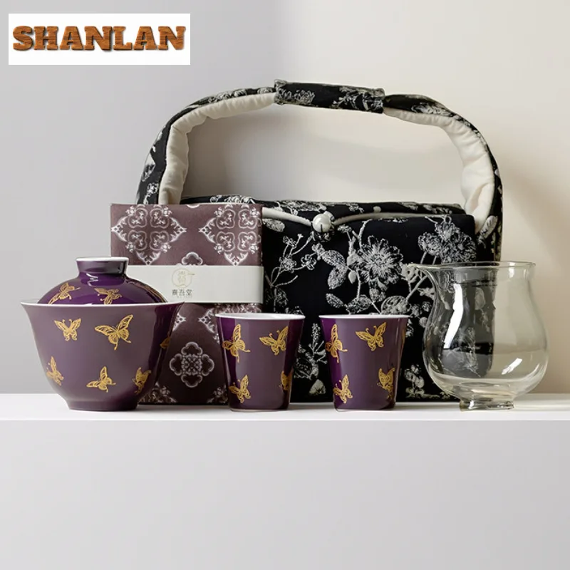 Purple Gold Stamping Butterfly Travel Tea Set Kit Antique 1 Pot 3 Cups Tea Maker Organizer Portable Picnic Handbag Collection