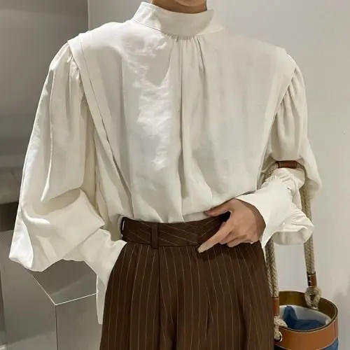 Half High Collar Shirts Women Design Back Buttons Pleated Spliced Solid Loose Lantern Sleeve Blouses Minority Fashion Commuting