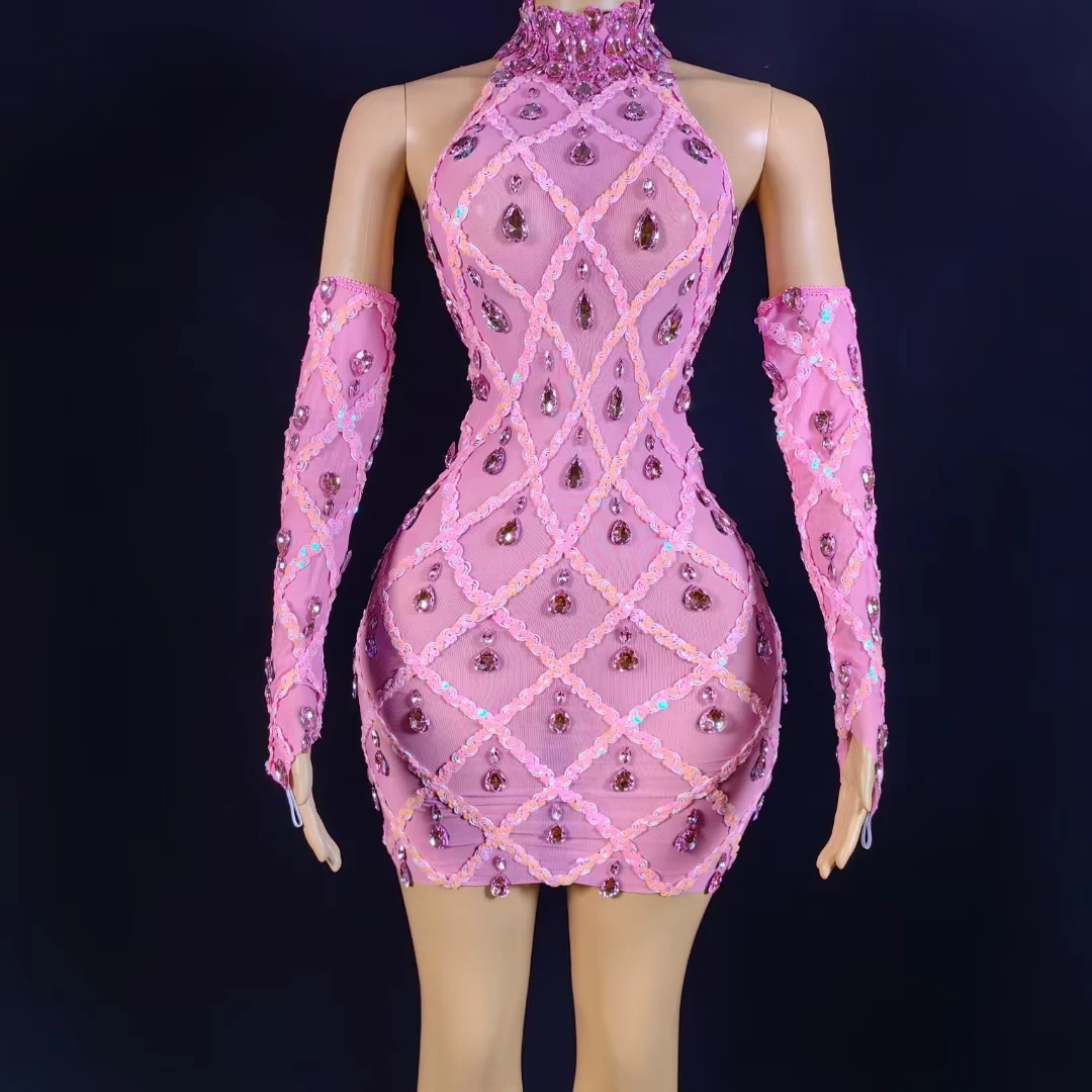 

Fashion Women Sexy Pink Rhinestones Outfit Set Short Dresses with Gloves Mesh Birthday Party Stage Evening Celebrate Club Dress