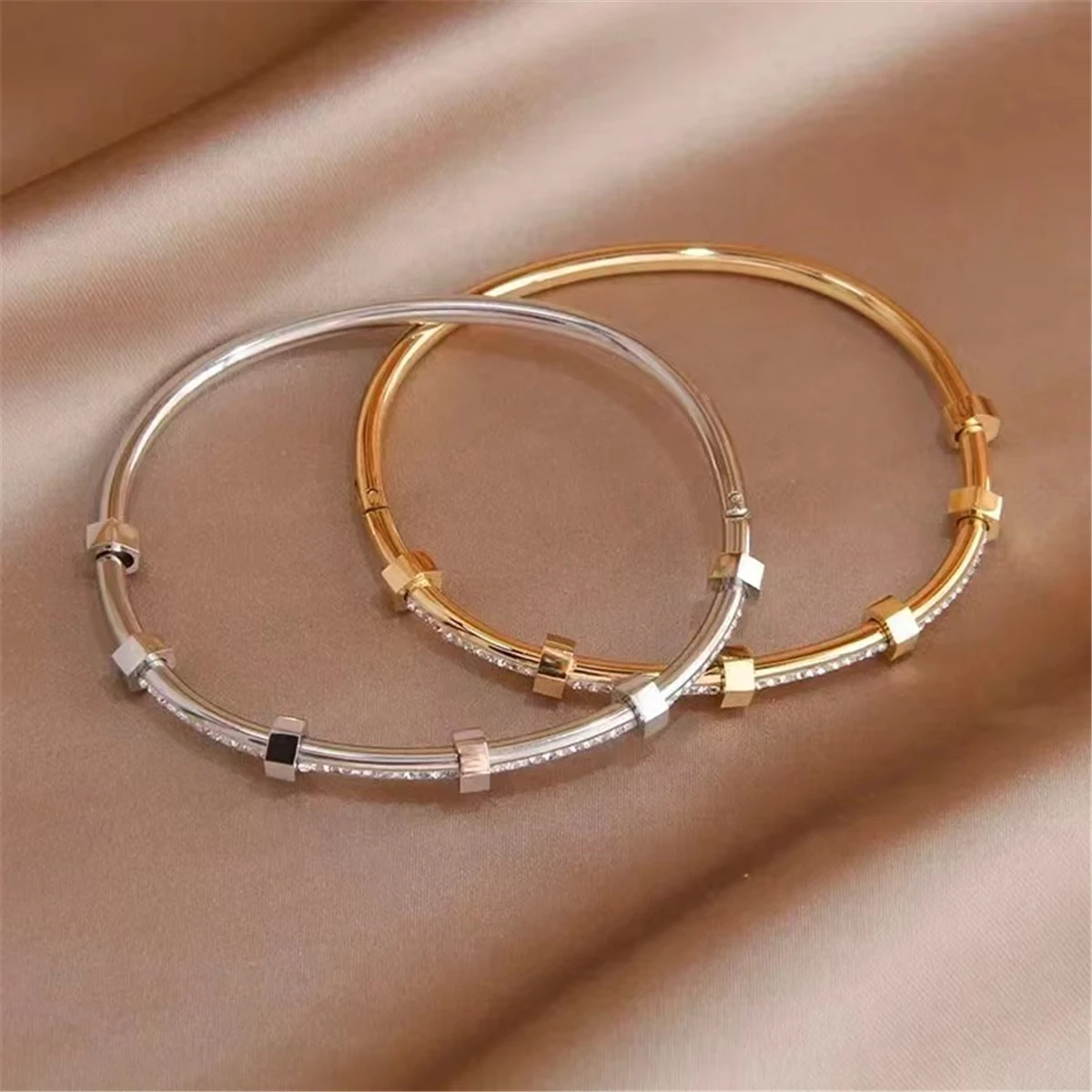 New Classic 18K Gold Plated Stainless Steel Zircon Bracelet & Bangle for Women Fashion Wedding Jewelry Gift