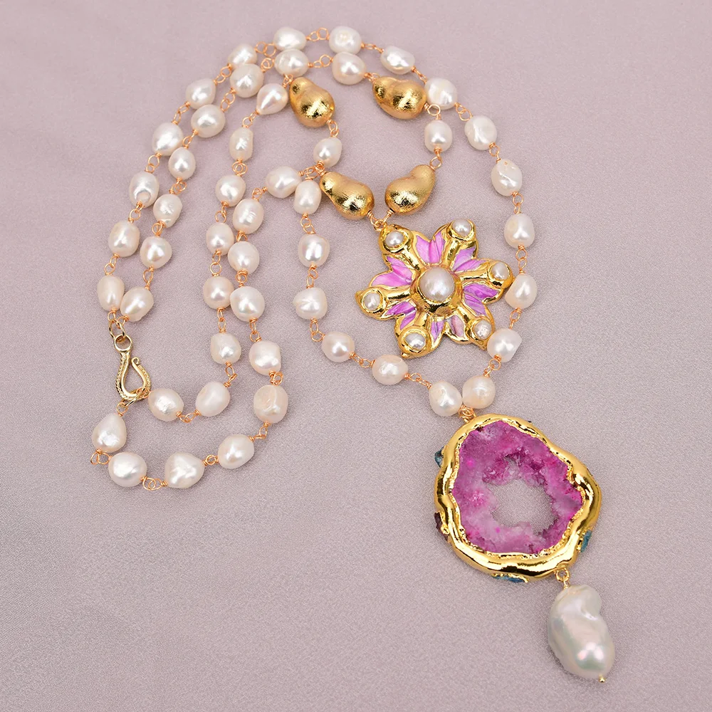 

GG 2 Strands Natural White Pearl Golden Brush Beads Necklace Quartz Shell Keshi Pearl Pendant