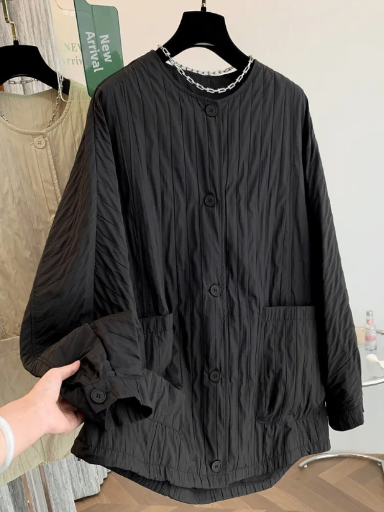 レトロな質感のラウンドネック、レディースルーズフィット、韓国風アウター、ロングスリーブコート、ウィンドブレーカートップ、2025年秋向け