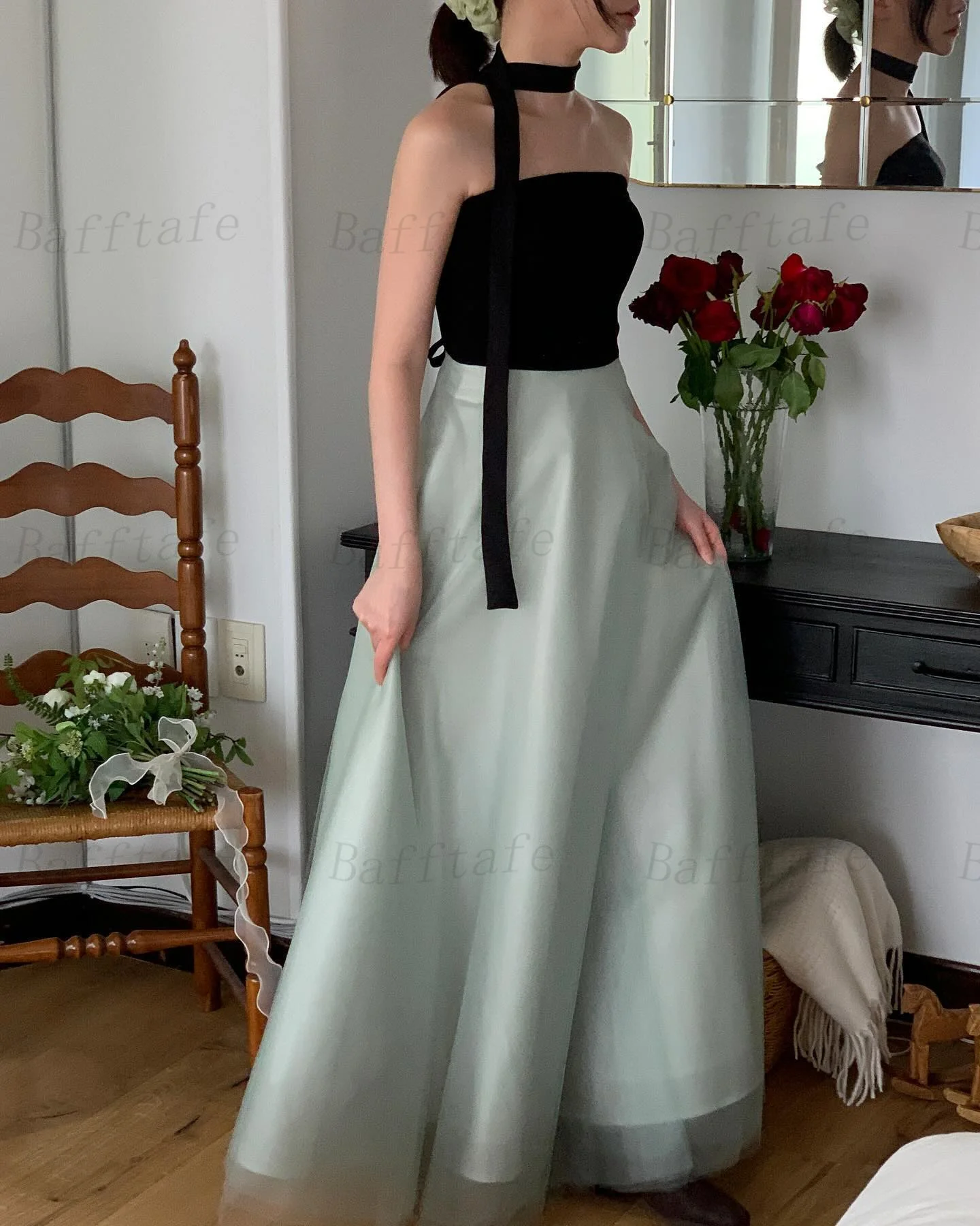 Simple Black Mint Green Korea Evening Dresses Customized Photo Shoot Tulle Strapless Floor Length Formal Occasion Gowns Women