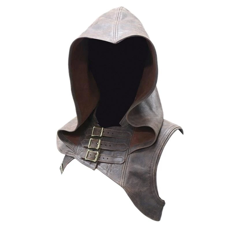 Y5GC Women Cosplay Steampunk Hooded Cowl Hat Faux Leather Medieval Cloak Cape with Adjustable Buckle Strap for Themed Event