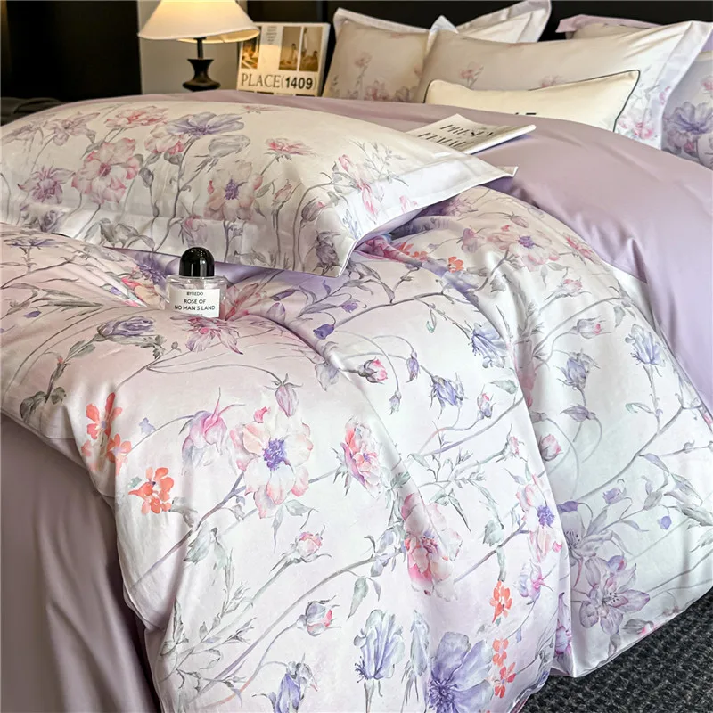 Flower Digital Printing Sateen Egyptian Cotton Bedding Set Duvet Cover Set Bed Sheet/Fitted Sheet Pillowcases 4Pcs