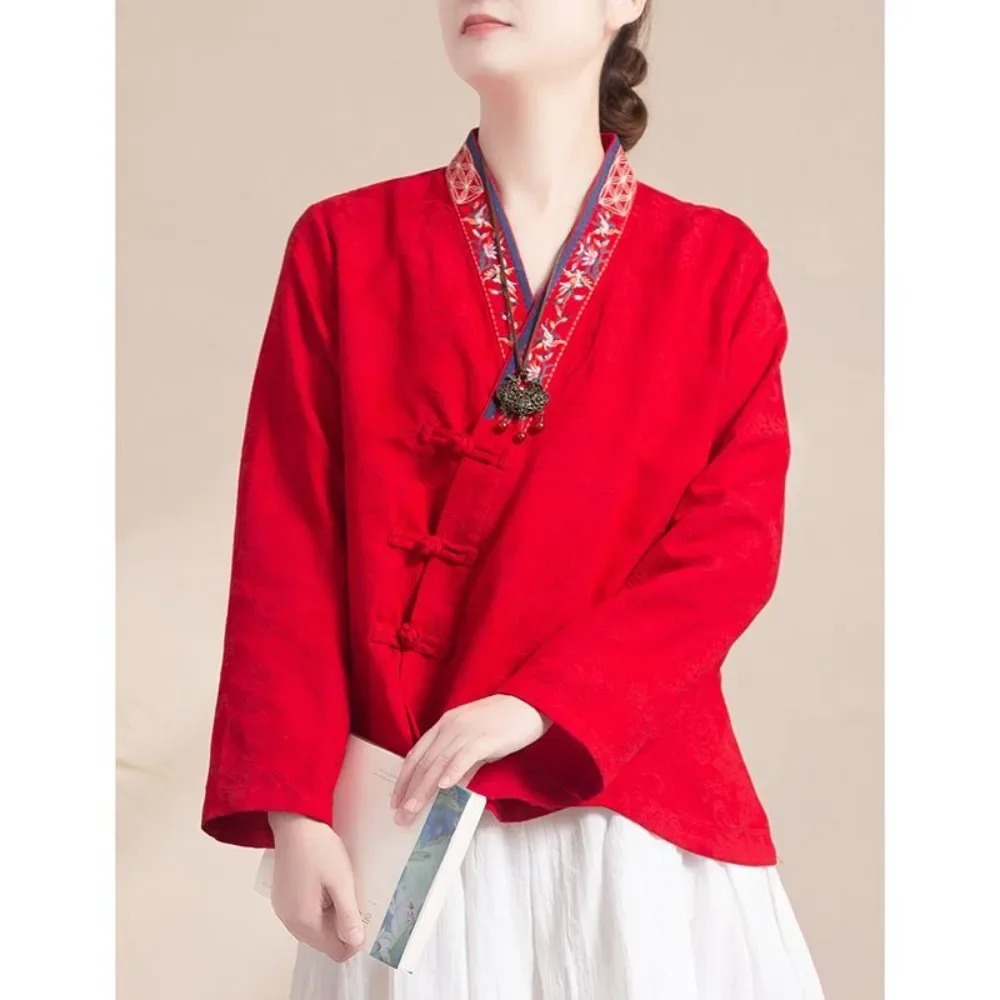 はい中国風ヴィンテージ刺繍カエルボタンコットンリネンカーディガン漢服女性カジュアルルーズ文学春秋トップス