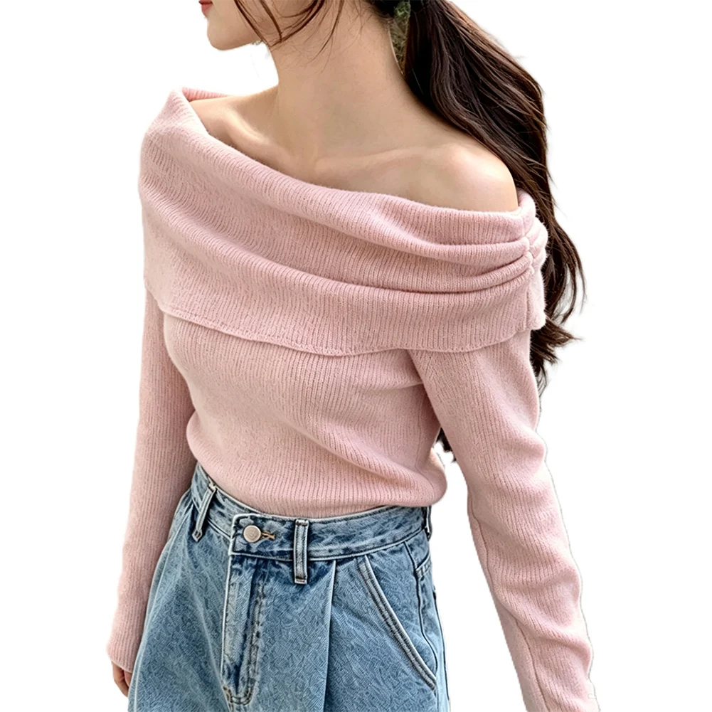 Womens Solid Color Knit Sweater One Shoulder Long Sleeve Regular Length Polyester Fabric for Beach Vacation Office or Cycling