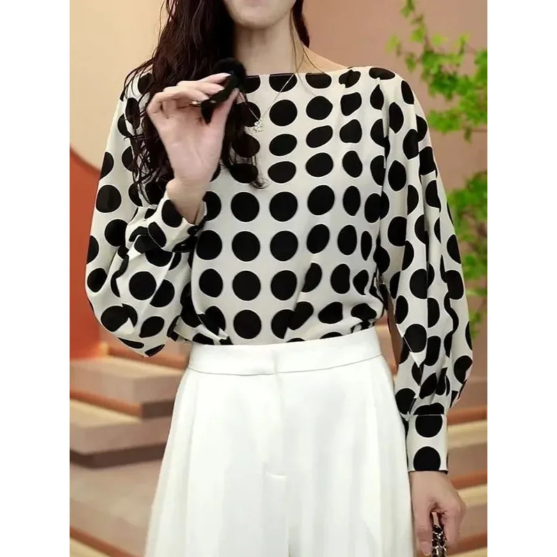 New Women's Spring Autumn Pullovers One Line Collar Polka Dot Spliced Fashion Versatile Loose Casual Long Sleeve Chiffon Tops