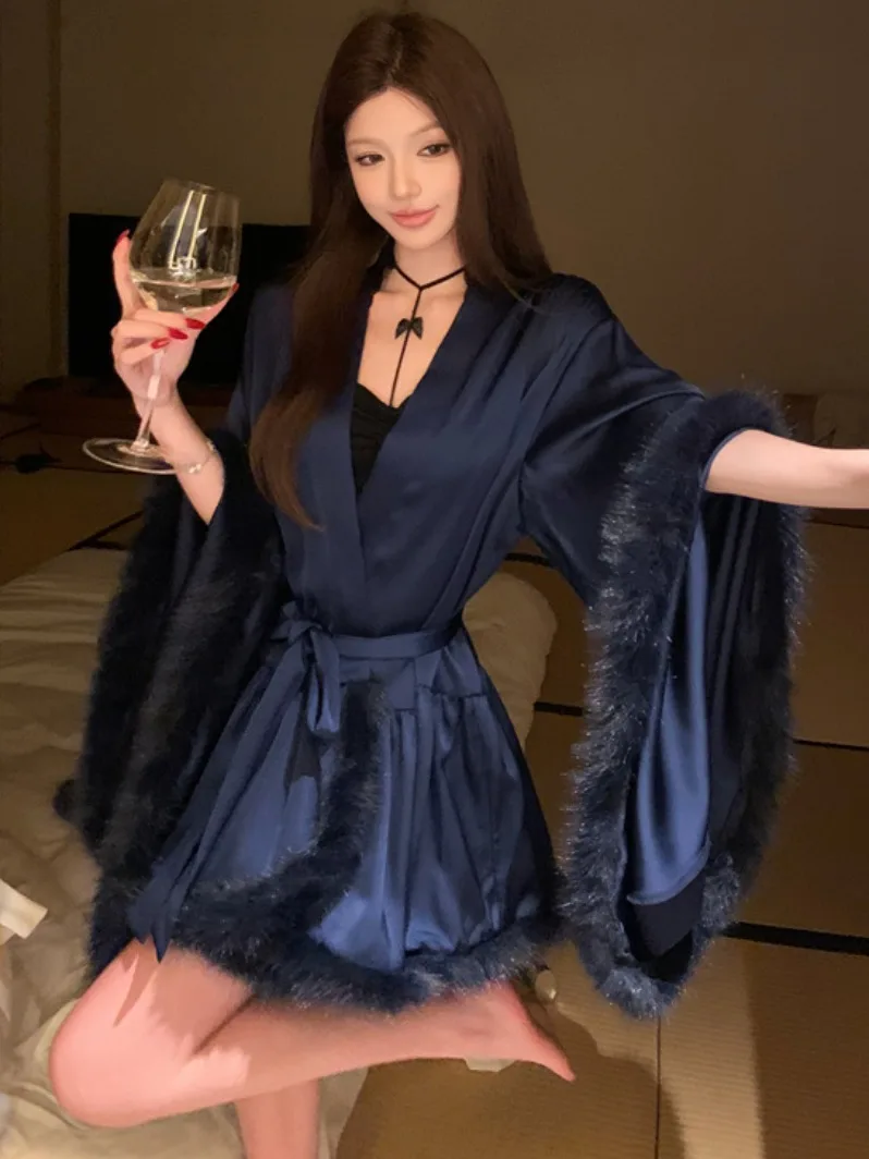 

Атласный утренний халат с отделкой перьями Dr, женская сексуальная юбка трапециевидной формы с v-образным вырезом и поясом, широкое платье све