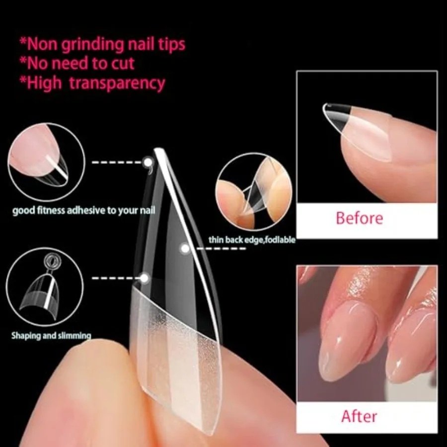 480 Pcs Extra Short Half Cover Almond Nail Tips Extra Small Square Nail Tips Set XS Soft Gel Acrylic Fake Nail Clear Preshape F