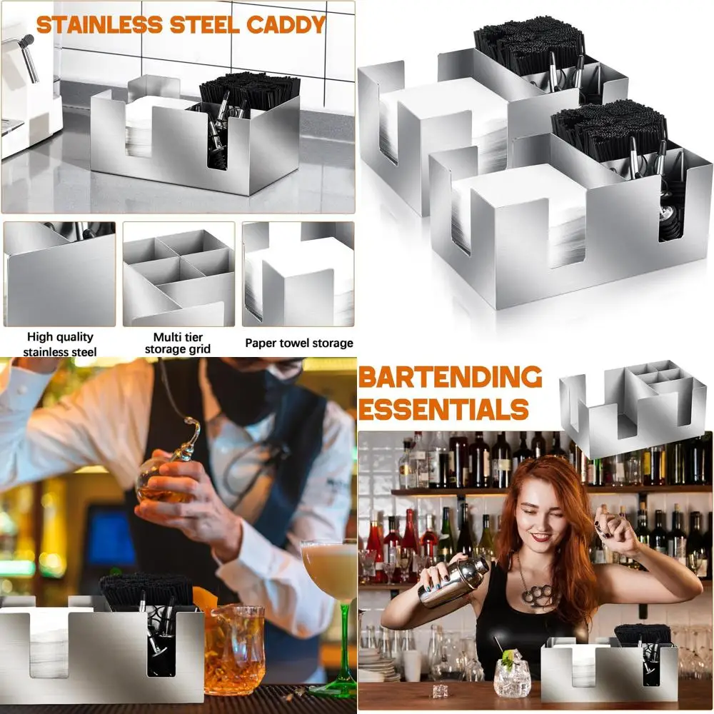 

2-Pack 304 Stainless Steel Bar Caddy, 6-Section Organizer for Napkins, Straws, Toothpicks, Condiments - Silver, 9.5x5.9