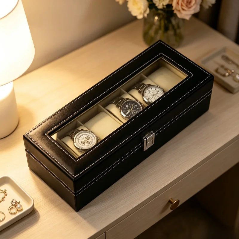 PU Leather Watch Storage Organizer Box, Portable Watch Display Tray, Collector Case for Desktop Countertop and Travel Carrying