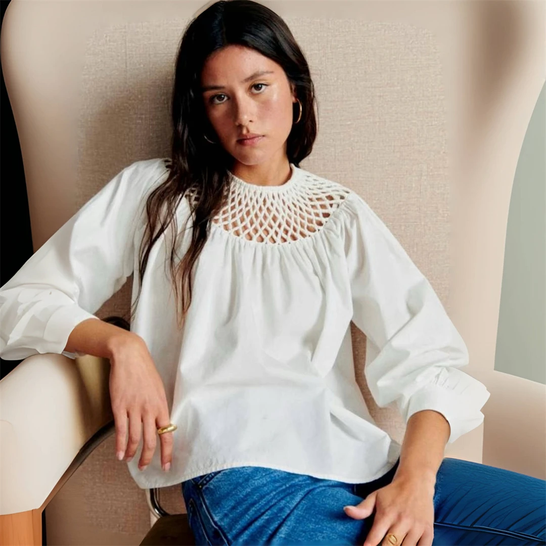 

Parisian Collaborative Series Laser Hollow Cotton White Shirt Bag Spring 2026 Loose Fit French Style Breathable Long Sleeve