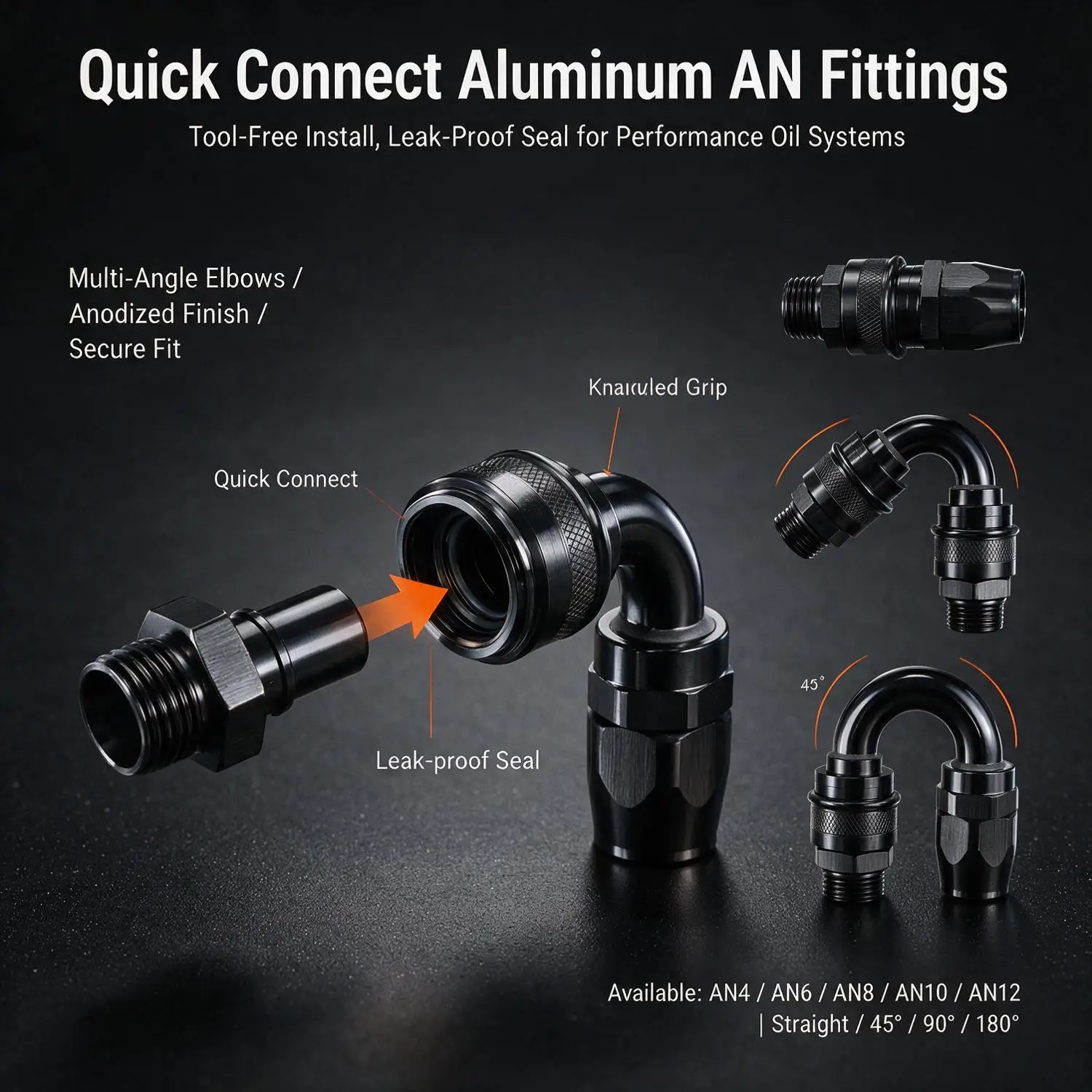 Black Aluminum Push-On AN Hose Fitting Quick Connect Fuel Oil Line Adapter AN4-AN12 for Auto Racing Turbo Oil Cooler Universal