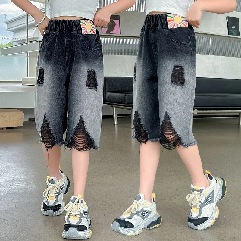 

Big Girls Trousers Summer Denim Medium Pants 2024 New Girls Super Chic Children Shorts Five Points Summer Fashion Bottoms